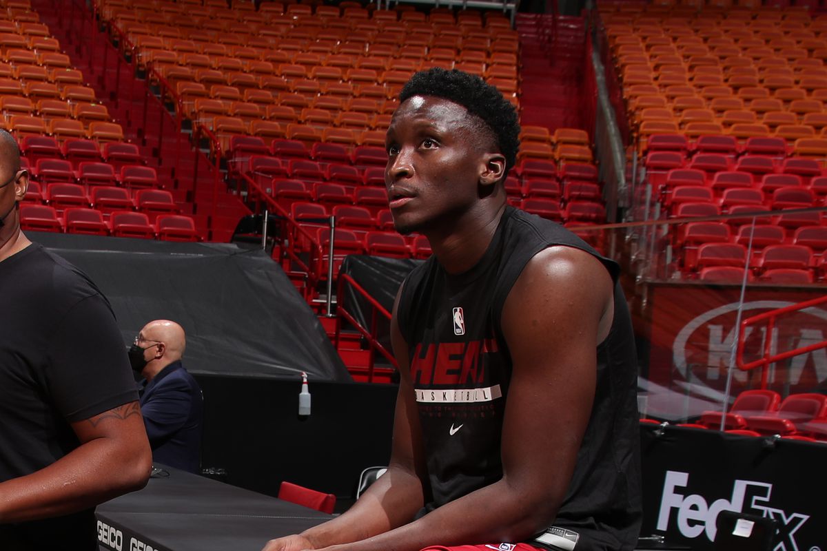 ictor Oladipo #4 of the Miami Heat looks on before the game against the Cleveland Cavaliers on April 3, 2021 at American Airlines Arena in Miami, Florida.&nbsp;