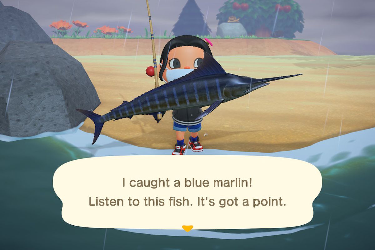 An Animal Crossing character holding a Blue Marlin