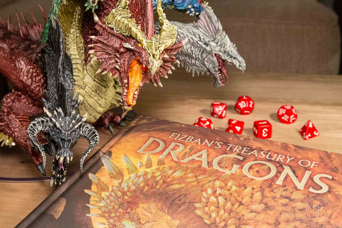 a massive five-headed dragon stands over a Dungeons & Dragons book.