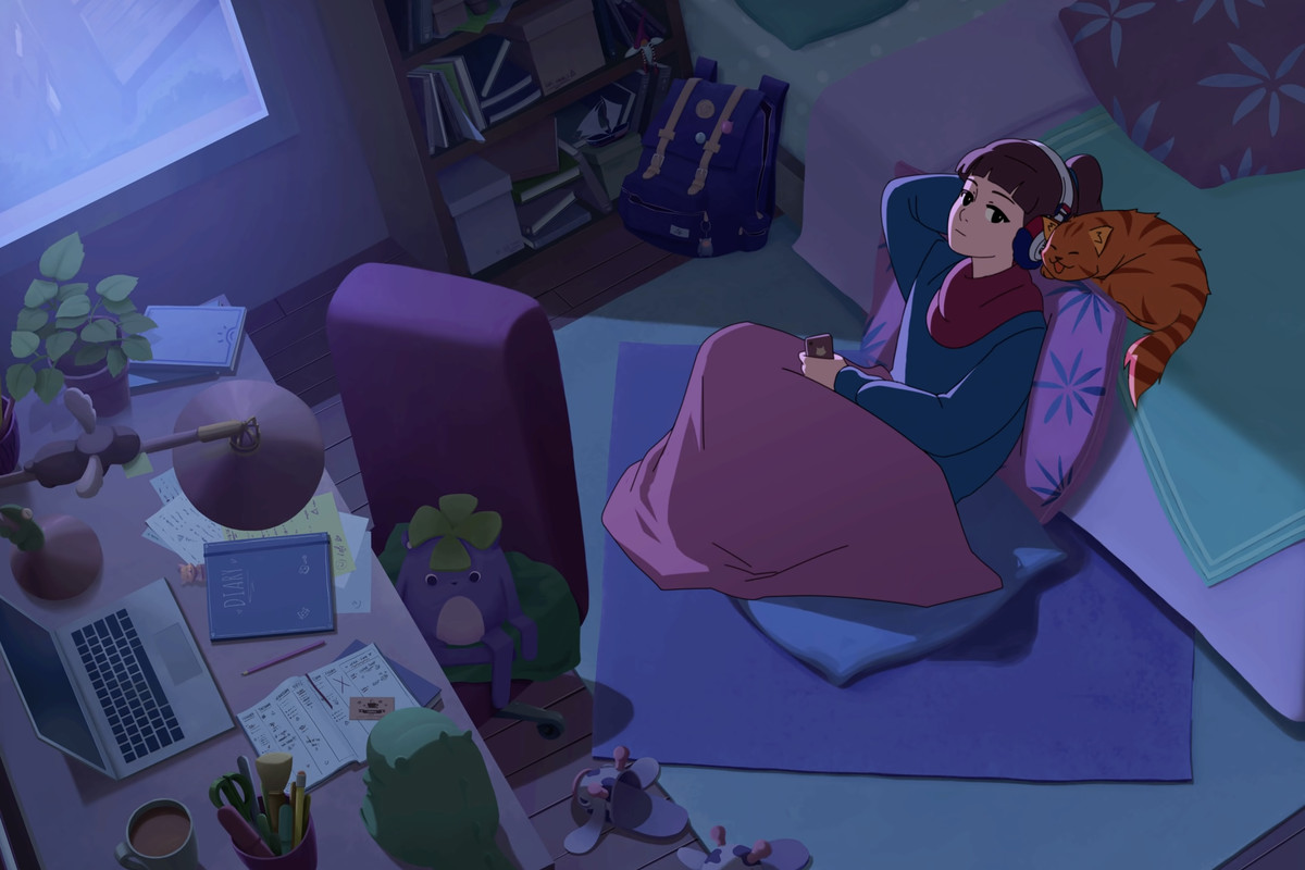 Lofi Girl sitting on the floor of her bedroom with the cat on the bed near her head