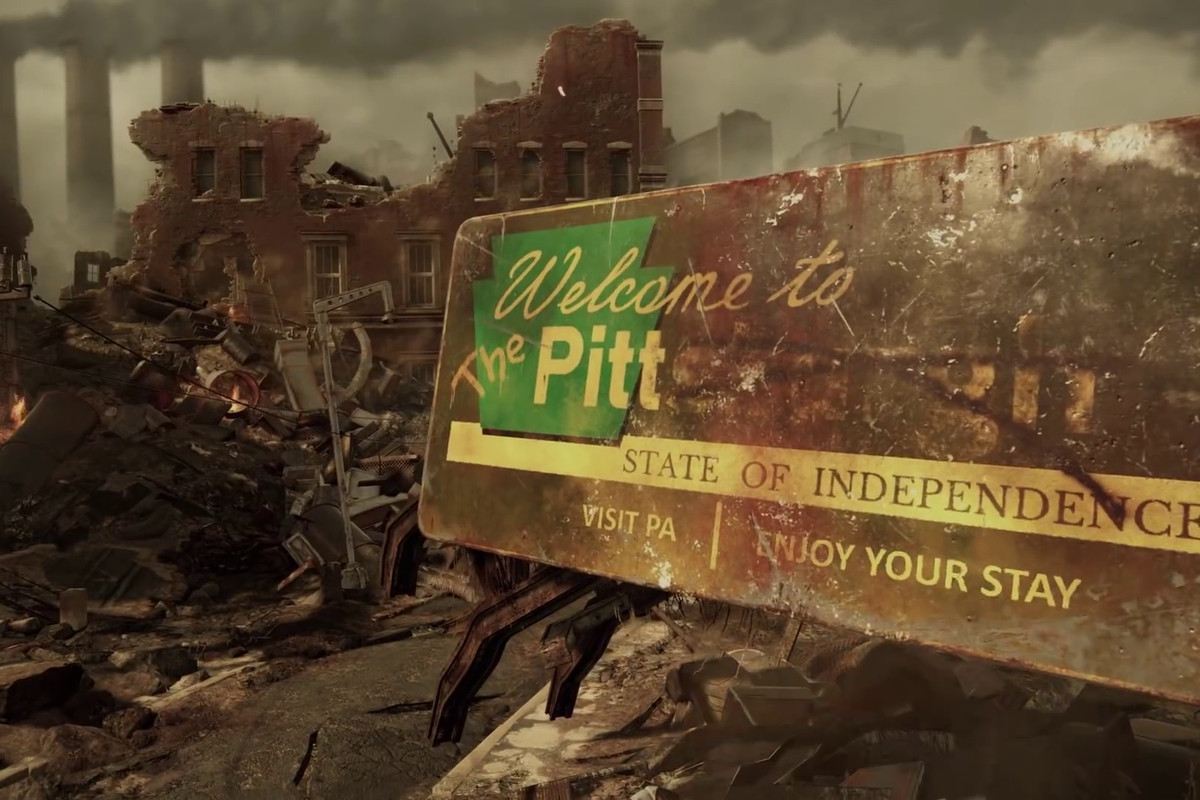 bombed out Pittsburgh, in Fallout 76, with its welcome sign altered by survivors to say “Welcome to The Pitt”