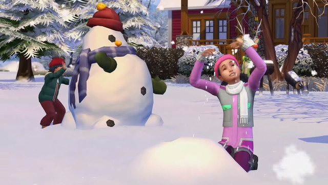 Sims playing in the snow with a weird snowman in the background