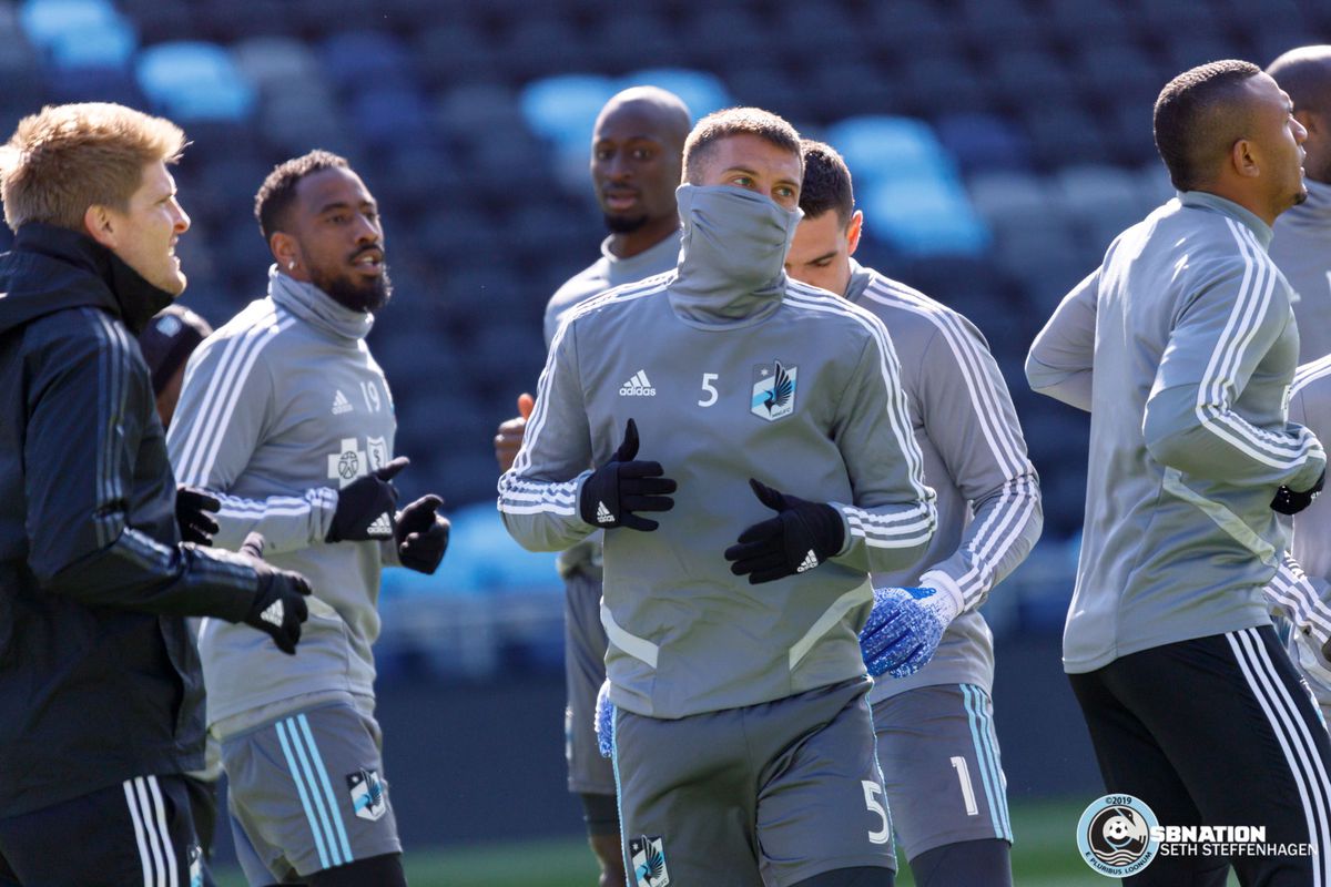 April 3, 2019 - Saint Paul, Minnesota, United States - Minnesota United defender Francisco Calvo (5) braces the cold spring morning during the Loon's first team practice at Allianz Field. 

(Photo by Seth Steffenhagen/Steffenhagen Photography)