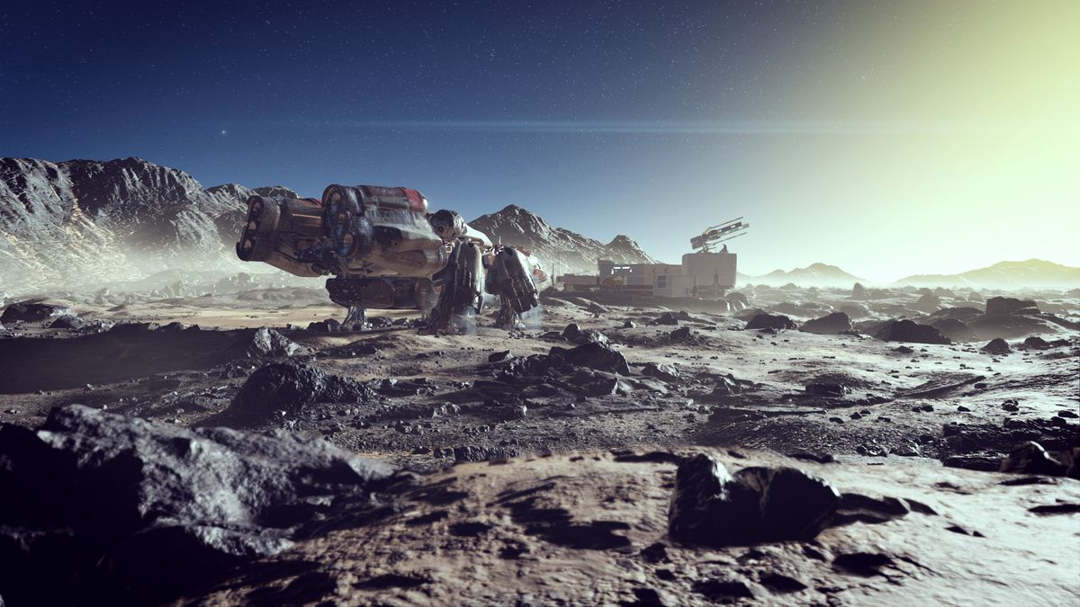 A large spacecraft marked “NG1350” with a base behind it sits on the rocky surface of a planet in Starfield