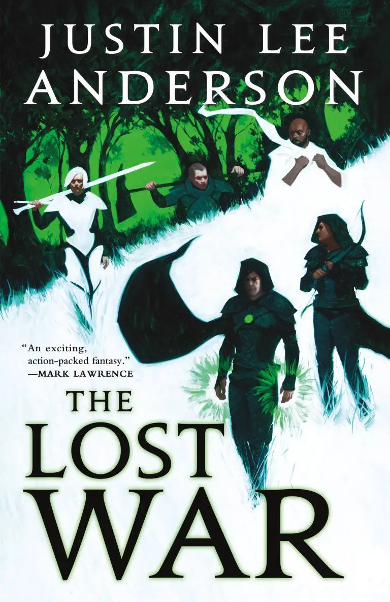 Cover image for Justin Lee Anderson’s The Lost War, featuring five figures walking through white grass after emerging from a dark green forest. Three of the figures wear green cloaks, while two wear white.