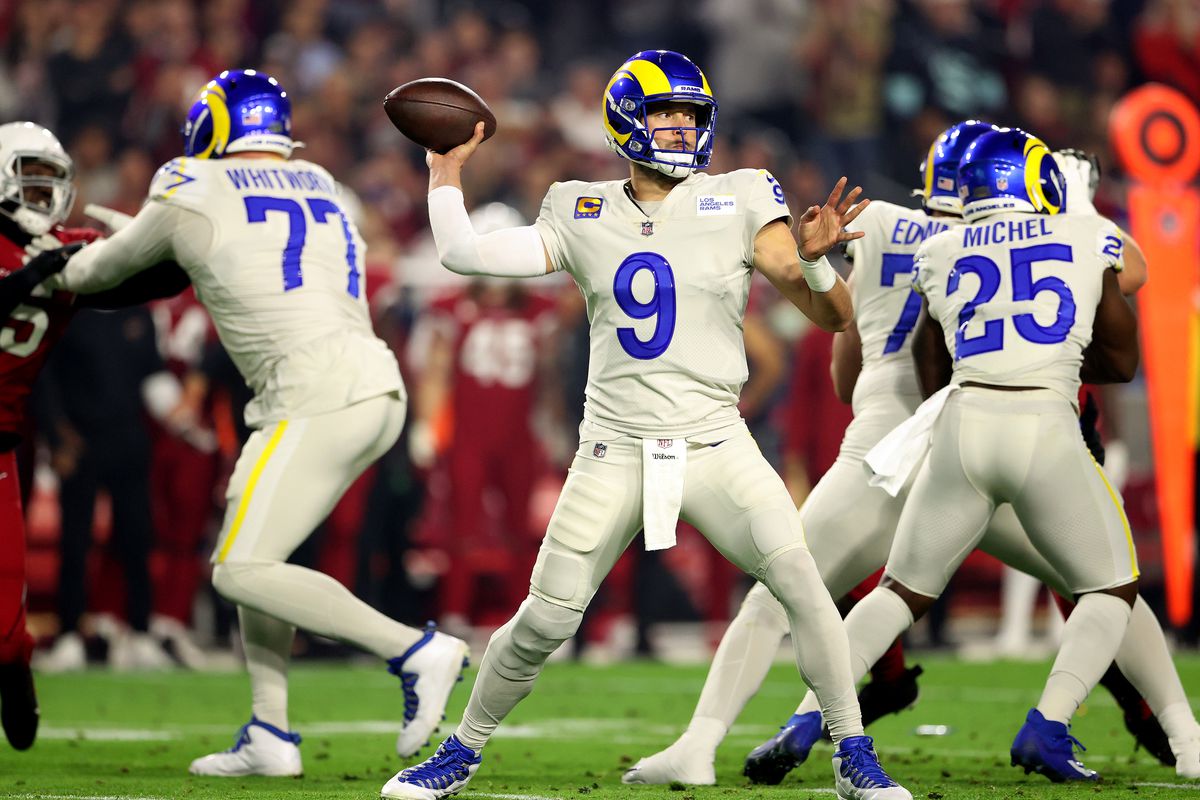 Matthew Stafford #9 of the Los Angeles Rams throws the ball in the first quarter of the game against the Arizona Cardinals at State Farm Stadium on December 13, 2021 in Glendale, Arizona.