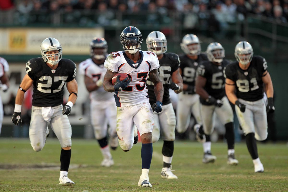 OAKLAND, CA - NOVEMBER 06:  Willis McGahee #23 of the Denver Broncos runs the ball in for a touchdown against the Oakland Raiders at O.co Coliseum on November 6, 2011 in Oakland, California.  (Photo by Ezra Shaw/Getty Images)