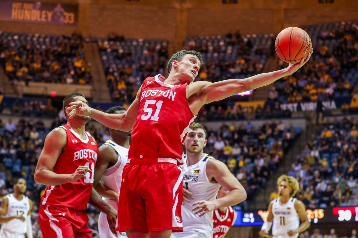 Boston University Terriers forward Max Mahoney grabs a rebound during the second half against the West Virginia Mountaineers at WVU Coliseum.&nbsp;