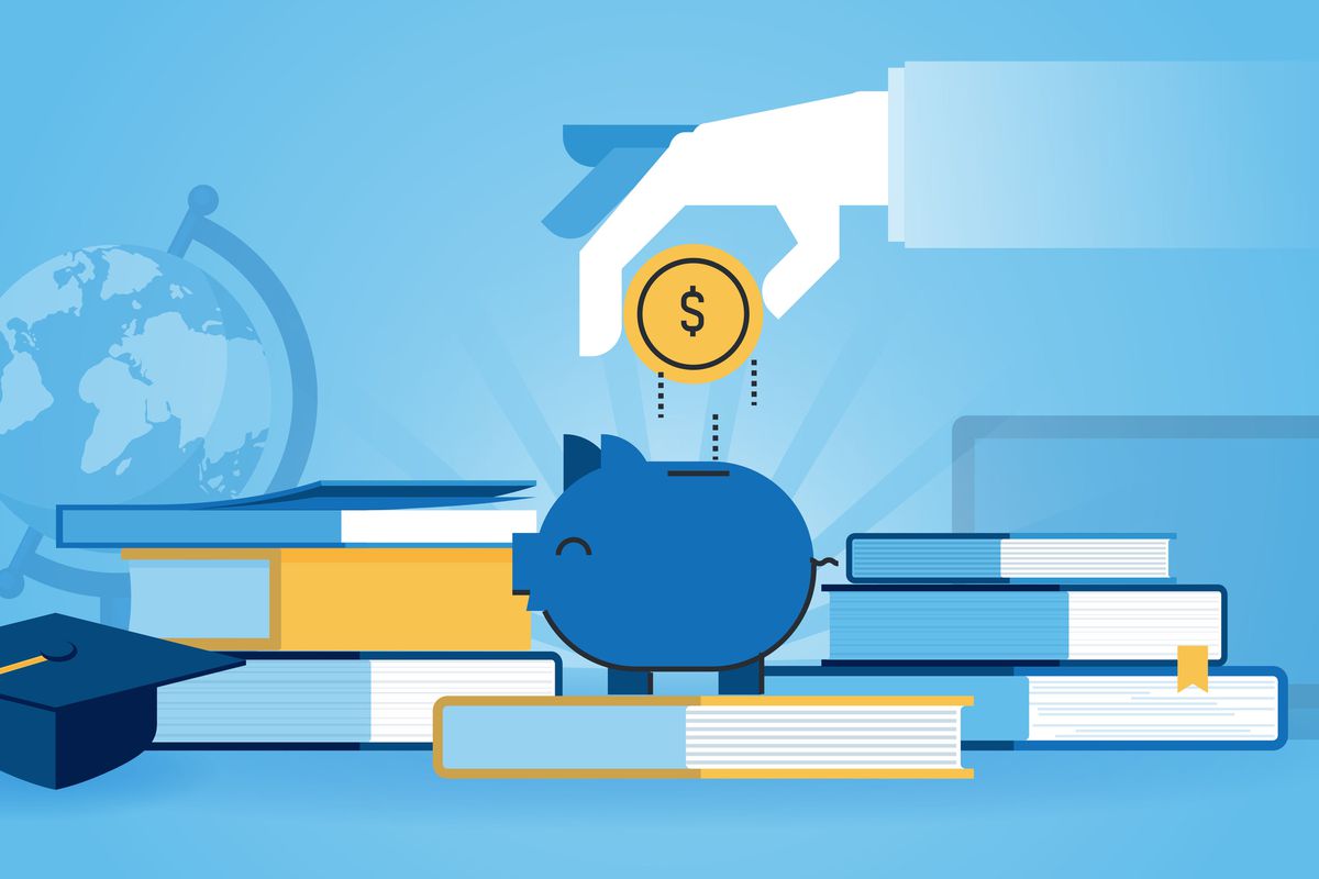 An illustration of stacks of books, a piggy bank, and a hand dropping a coin into the bank.
