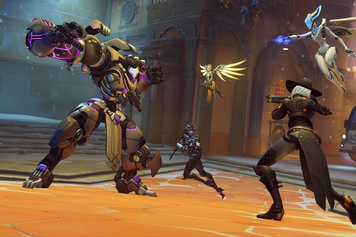 Ashe and Echo attack Ramattra, Widowmaker, and Mercy on the new Shambali map in a screenshot from Overwatch 2
