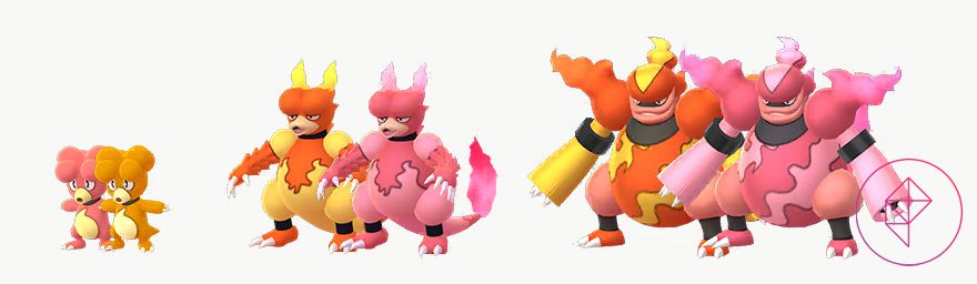 Magby, Magmar, and Magmortar with their Shiny forms. Shiny Magby is orange instead of red. Shiny Magmar and Magmortar are pink instead of yellow and orange.