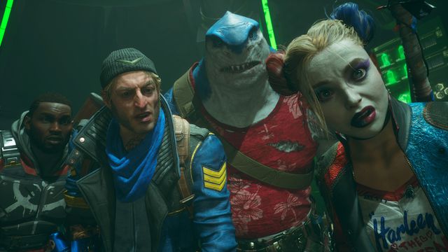 Deadshot, Captain Boomerang, King Shark, and Harley Quinn stand side by side with surprised looks on their faces in a screenshot from Suicide Squad: Kill the Justice League