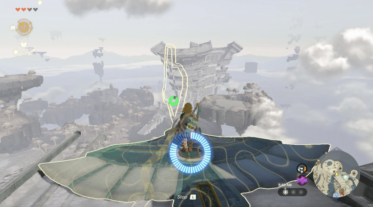 Link uses Recall on a wing on the Great Sky Island to glide to the Temple of Time in Zelda Tears of the Kingdom.