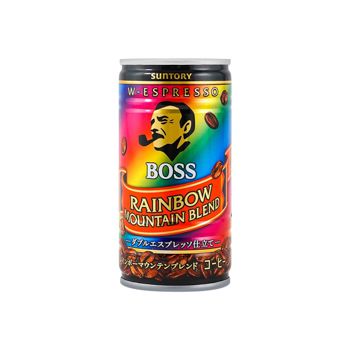 A rainbow-colored can with coffee beans.