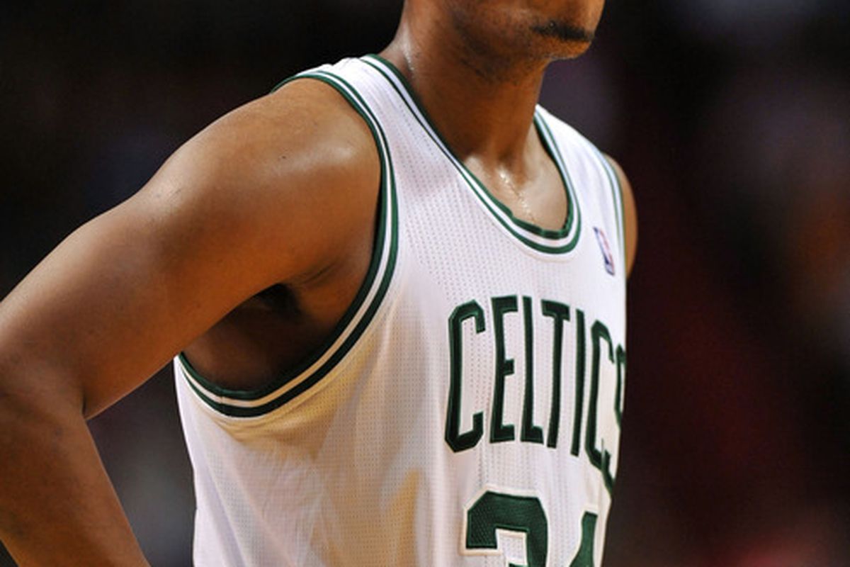 April 10, 2012; Miami, FL, USA; Boston Celtics small forward Paul Pierce (34) during the second half against the Miami Heat at American Airlines Arena. Mandatory Credit: Steve Mitchell-US PRESSWIRE