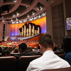 Conferencegoers listen inside the Conference Center in Salt Lake City during the afternoon session of the LDS Church’s 187th Annual General Conference on Sunday, April 2, 2017.