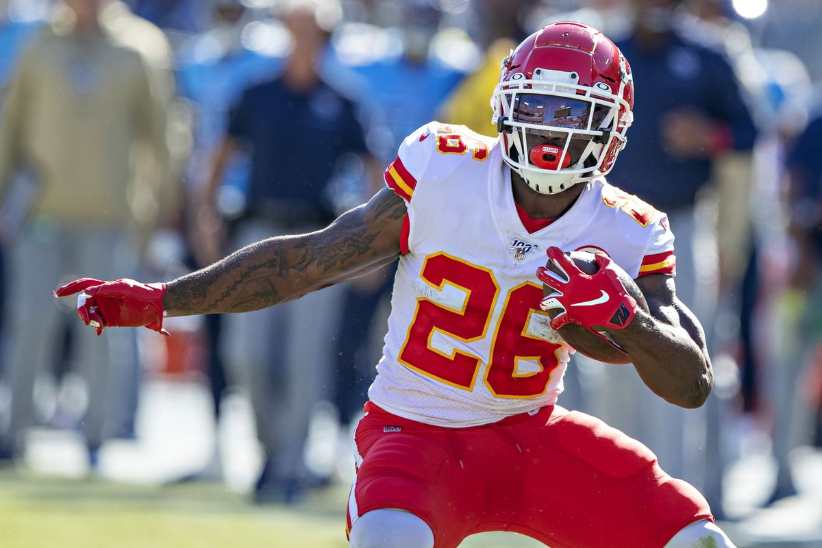 Damien Williams of the Kansas City Chiefs runs the ball during a game against the Tennessee Titans at Nissan Stadium on November 10, 2019 in Nashville, Tennessee.