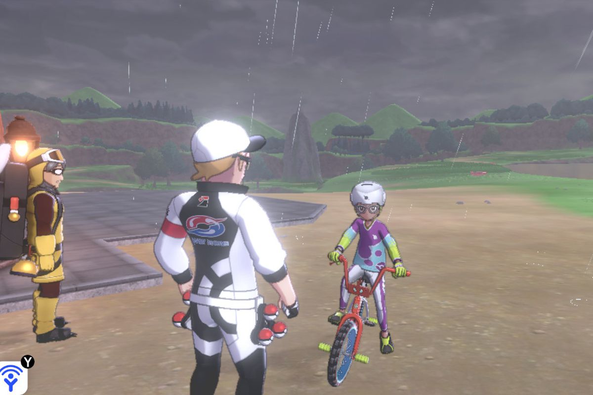 A Watt Trader in Pokémon Sword and Shield inspects a Rotom Bike