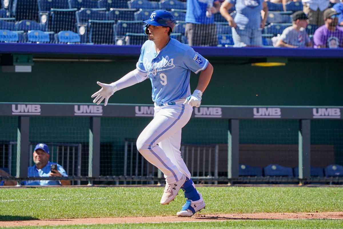 Kansas City Royals designated hitter Vinnie Pasquantino (9) runs the bases against the Chicago White Sox after hitting a two-run home run in the third inning at Kauffman Stadium.