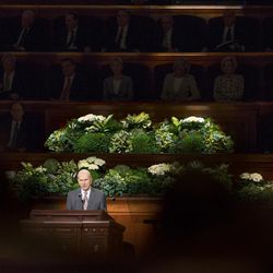 President Russell M. Nelson, president of the LDS Church’s Quorum of the Twelve Apostles, speaks in the Conference Center in Salt Lake City during the morning session of the LDS Church’s 187th Annual General Conference on Saturday, April 1, 2017.