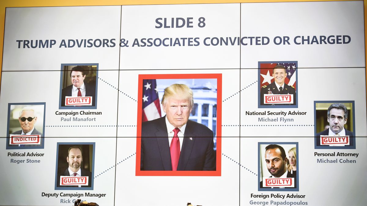 An image of President Trump and his advisors is shown as former Special Counsel Robert Mueller testifies before the House Select Committee on Intelligence on July 24, 2019.