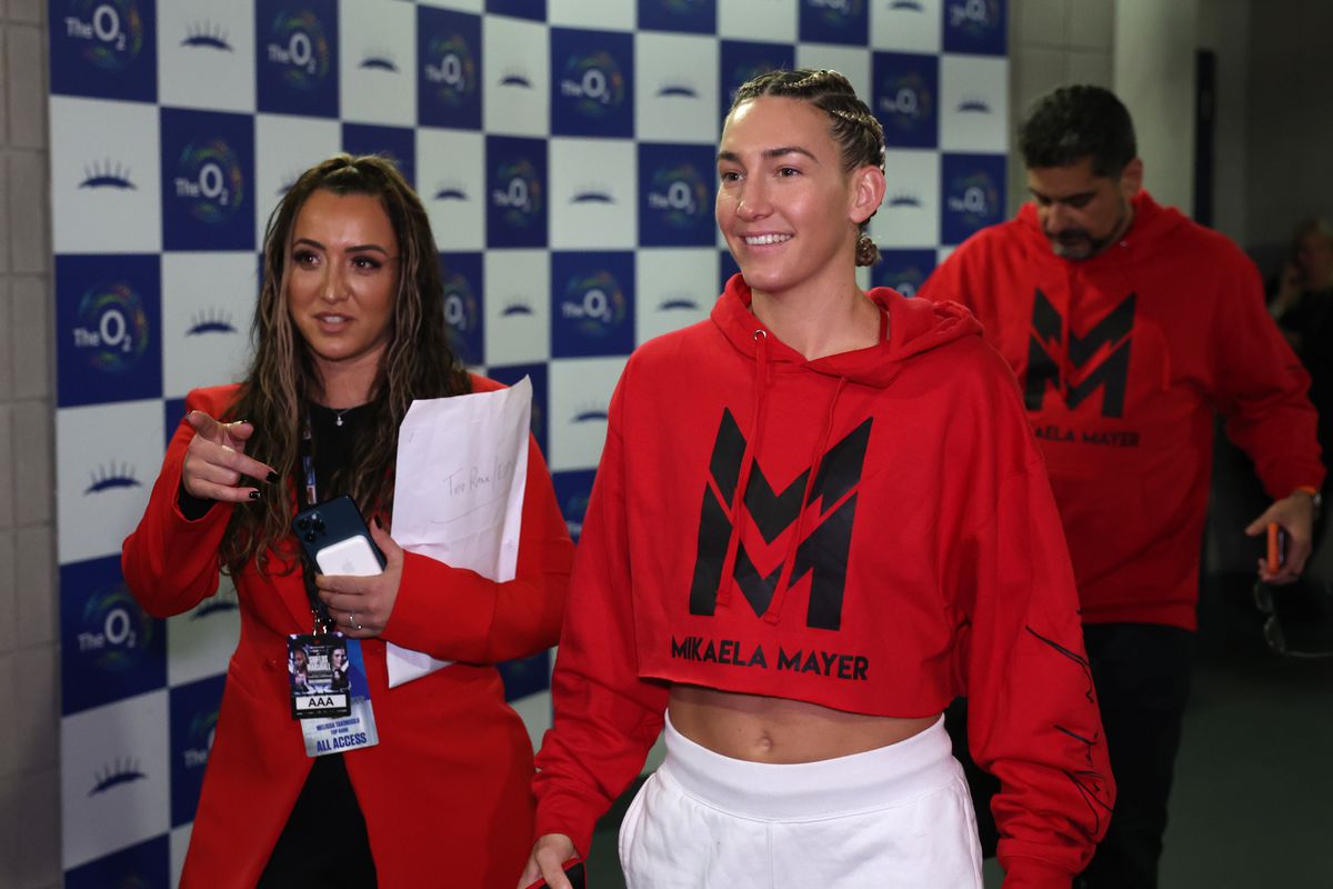 Mikaela Mayer arrives to arena before her unified super featherweight championship fight with Alycia Baumgardner, at The 02 Arena on October 15, 2022 in London, England.