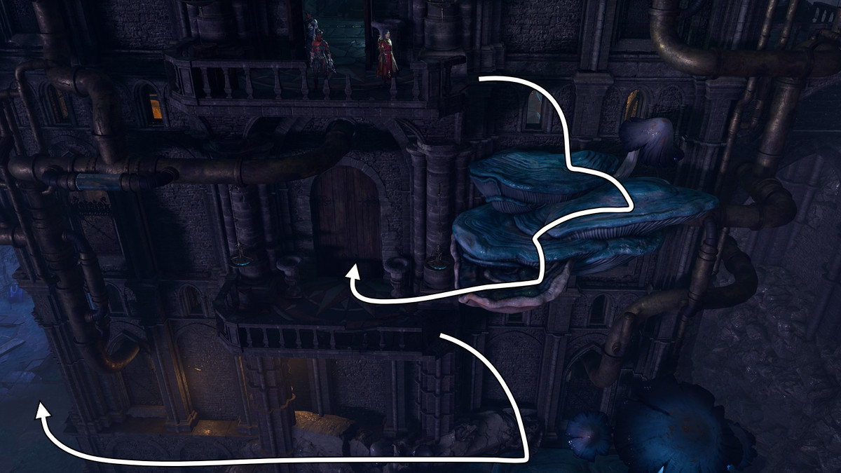 Mushroom platforms on the side of the Arcane Tower in Baldur’s Gate 3.