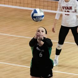 UVU’s Natalie Palmer returns the ball during an NCAA volleyball game against Utah at Smith Fieldhouse in Provo on Friday, Dec. 3, 2021.