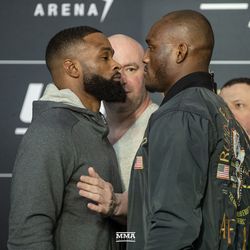 Tyron Woodley and Kamaru Usman square off at UFC 235 media day.