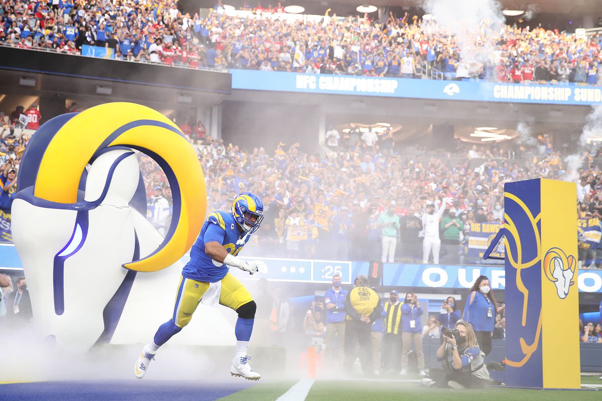 Aaron Donald #99 of the Los Angeles Rams takes the field before the NFC Championship Game against the San Francisco 49ers at SoFi Stadium on January 30, 2022 in Inglewood, California.