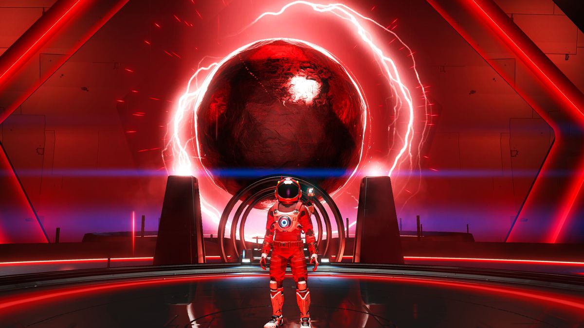 A spacesuit-clad explorer faces the camera, backlit entirely by a mysterious red structure and a massive, illuminated red sphere