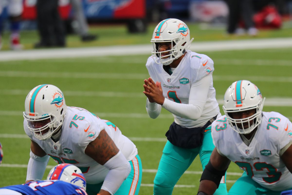 Tua Tagovailoa #1 of the Miami Dolphins waits for the snap during a game against the Buffalo Bills at Bills Stadium on January 3, 2021 in Orchard Park, New York.