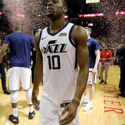 Utah Jazz guard Alec Burks (10) walks off the court after the Jazz lost Game 5 of the NBA playoffs against the Houston Rockets at the Toyota Center in Houston on Tuesday, May 8, 2018. The Jazz lost 102-112.