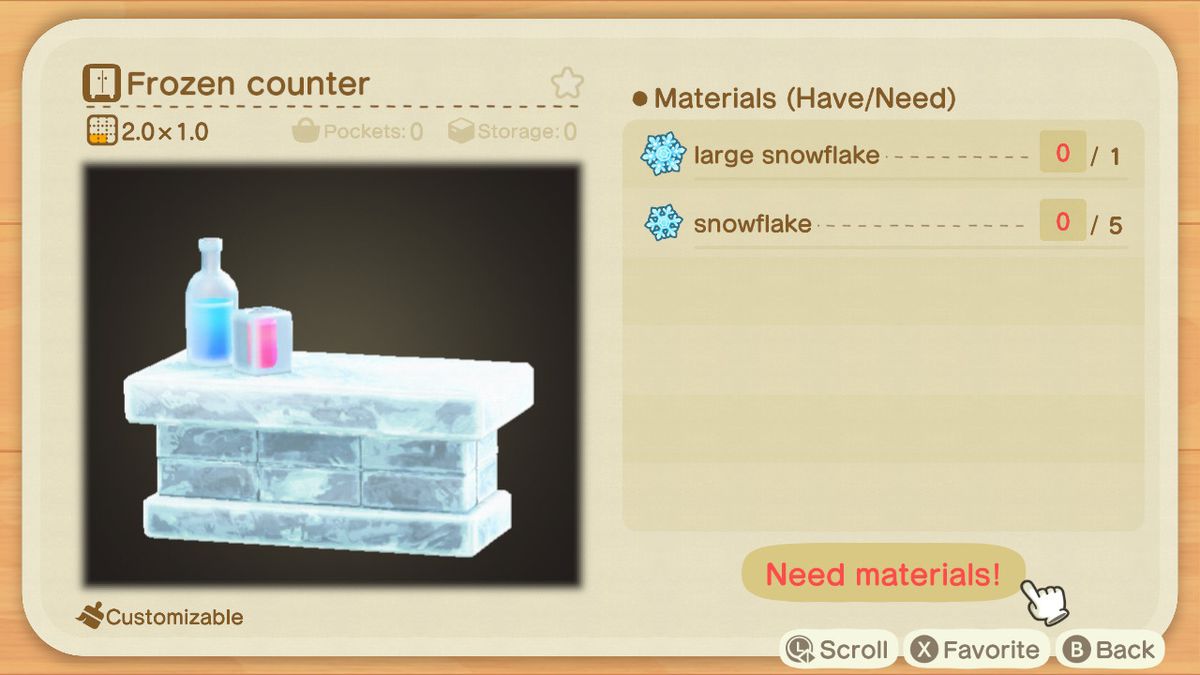 An Animal Crossing recipe for a Frozen Counter