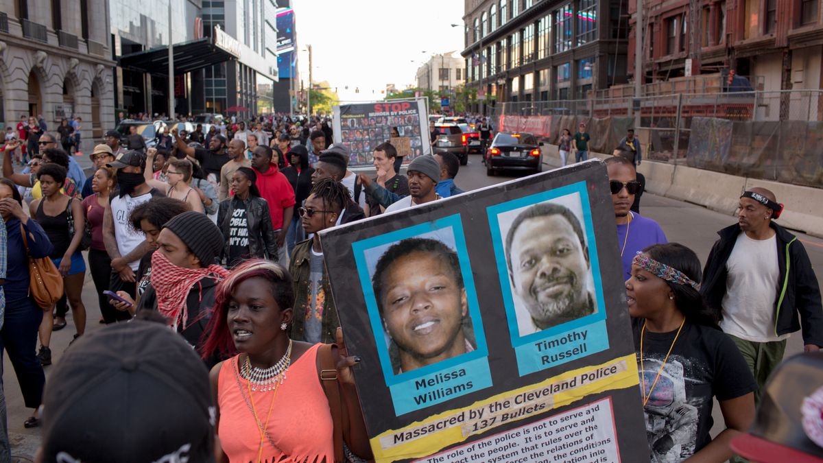 A protest in Cleveland, Ohio, after police officer Michael Brelo was acquitted for the shooting deaths of Timothy Russell and Malissa Williams.