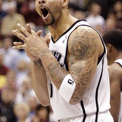 Utah Jazz forward Carlos Boozer is amazed that a foul was called on him during NBA action against the Denver Nuggets at EnergySolutions Arena in Salt Lake City Saturday. The Jazz won 116-106.