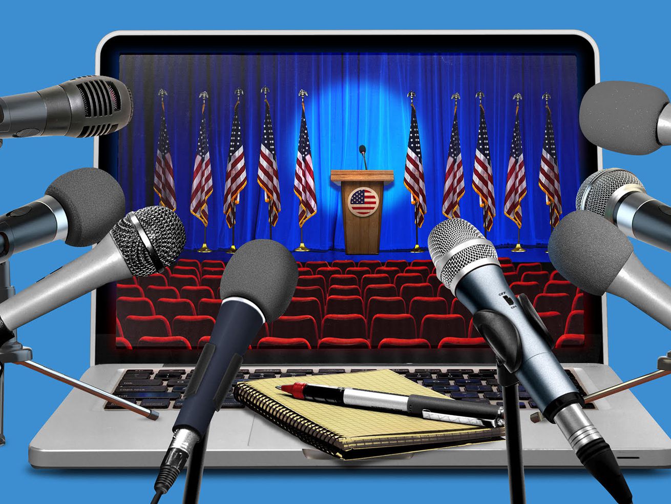An illustration of numerous microphones surrounding a laptop displaying a political event in an empty auditorium.