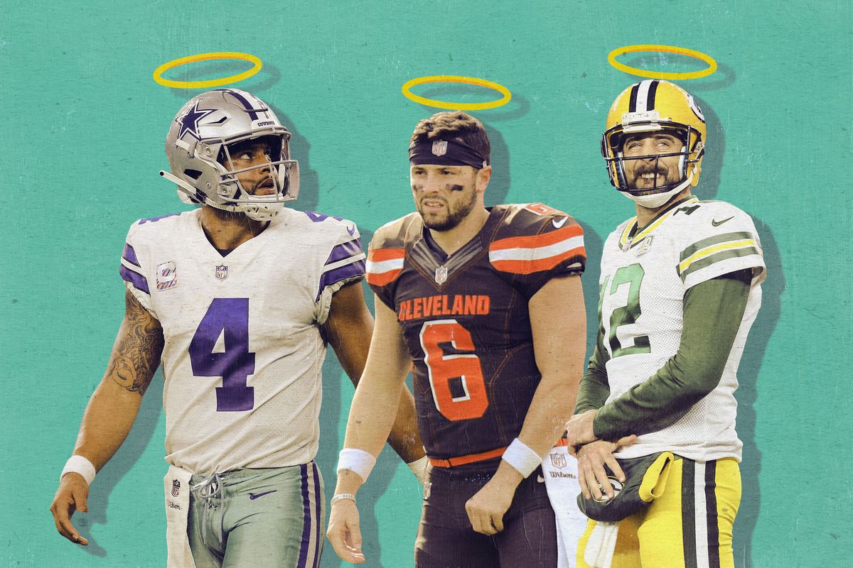 Dak Prescott, Baker Mayfield, and Aaron Rodgers with halos over their heads