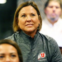 Beth Launiere Head Coach of The University of Utah women's volleyball team watches as they learn that they will host Cleveland State in the NCAA volleyball tournament on Sunday, Nov. 26, 2017.