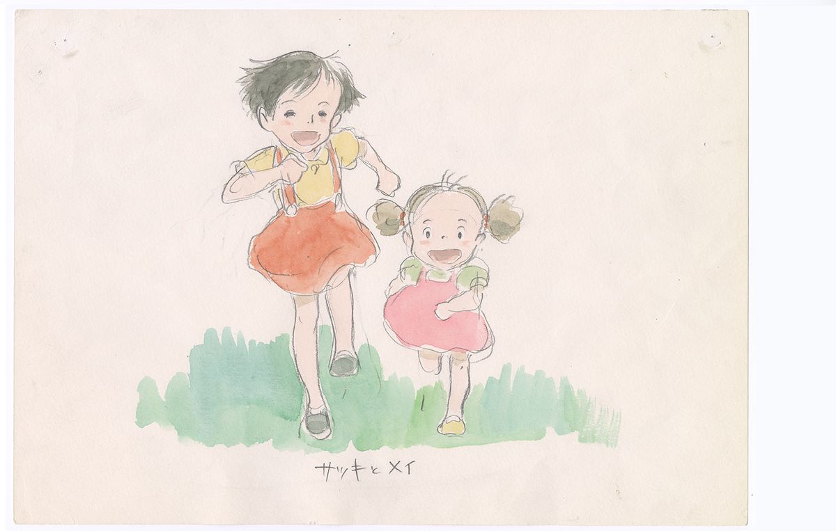An imageboard from My Neighbor Totoro, which looks like a sketch of the sisters running towards the viewer