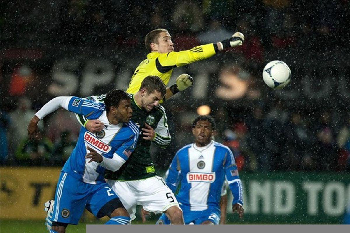 Mar 12, 2012; Portland, OR, USA; Portland Timbers goalkeeper Troy Perkins (1) punches the ball during the game against the Philadelphia Union at Jeld-Wen Field.  Mandatory Credit: Scott Olmos-US PRESSWIRE