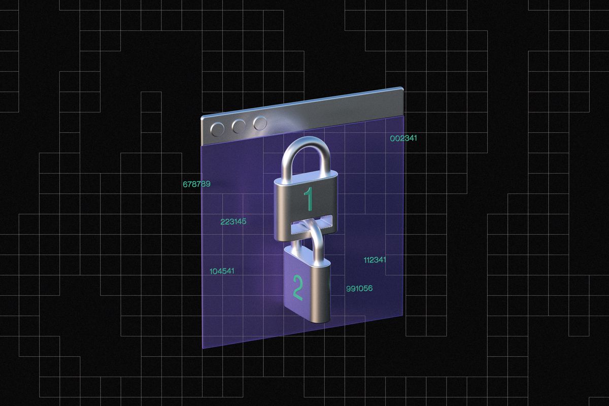 An illustration of two locks, one locked into the other, over an internet browser window. The top lock has the number one imprinted one it, the bottom lock has the number two imprinted.