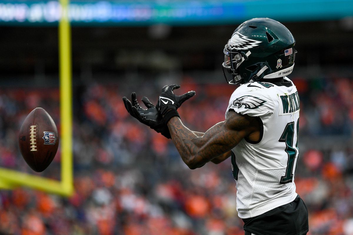 Philadelphia Eagles wide receiver Quez Watkins (16) watches the ball fall out of his hands on a red zone pass during a game between the Denver Broncos and the Philadelphia Eagles at Empower Field at Mile High on November 14, 2021 in Denver, Colorado.