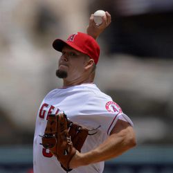 Los Angeles Angels starting pitcher Joe Blanton throws to the plate during the first inning of their baseball game against the Pittsburgh Pirates, Sunday, June 23, 2013, in Anaheim, Calif.  
