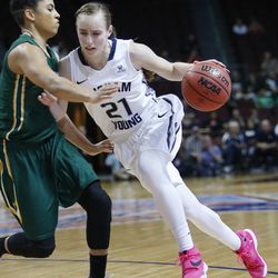 Brigham Young Cougars guard Lexi Eaton Rydalch (21) drives during the WCC tournament championship in Las Vegas Tuesday, March 8, 2016. San Francisco won 70-68. 