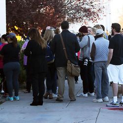 Parents wait to pick up students at Mountain View High School in Orem on Tuesday, Nov. 15, 2016, after five students were stabbed in an apparent attack by a 16-year-old boy.
