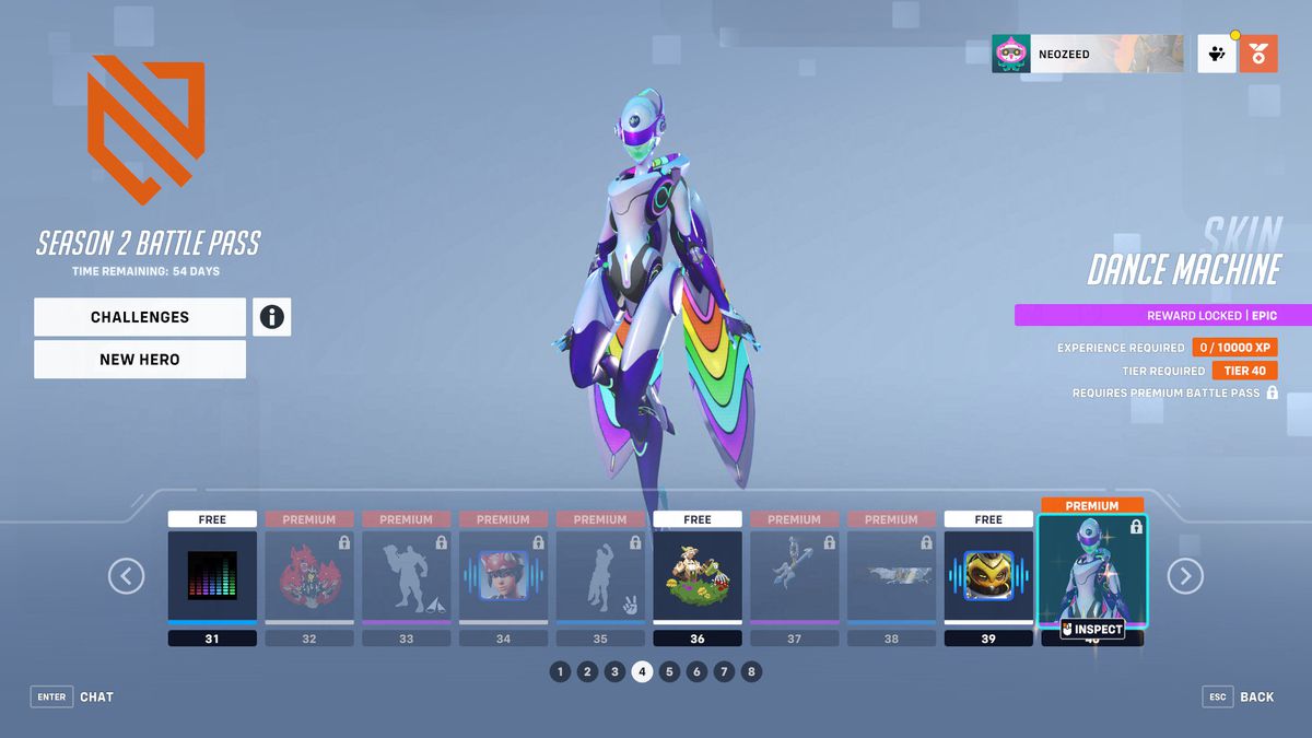 A menu screen for Overwatch 2 showing tiers 31-40 from the season 2 battle pass and Echo’s Dance Machine skin, which makes her look like a member of Daft Punk.
