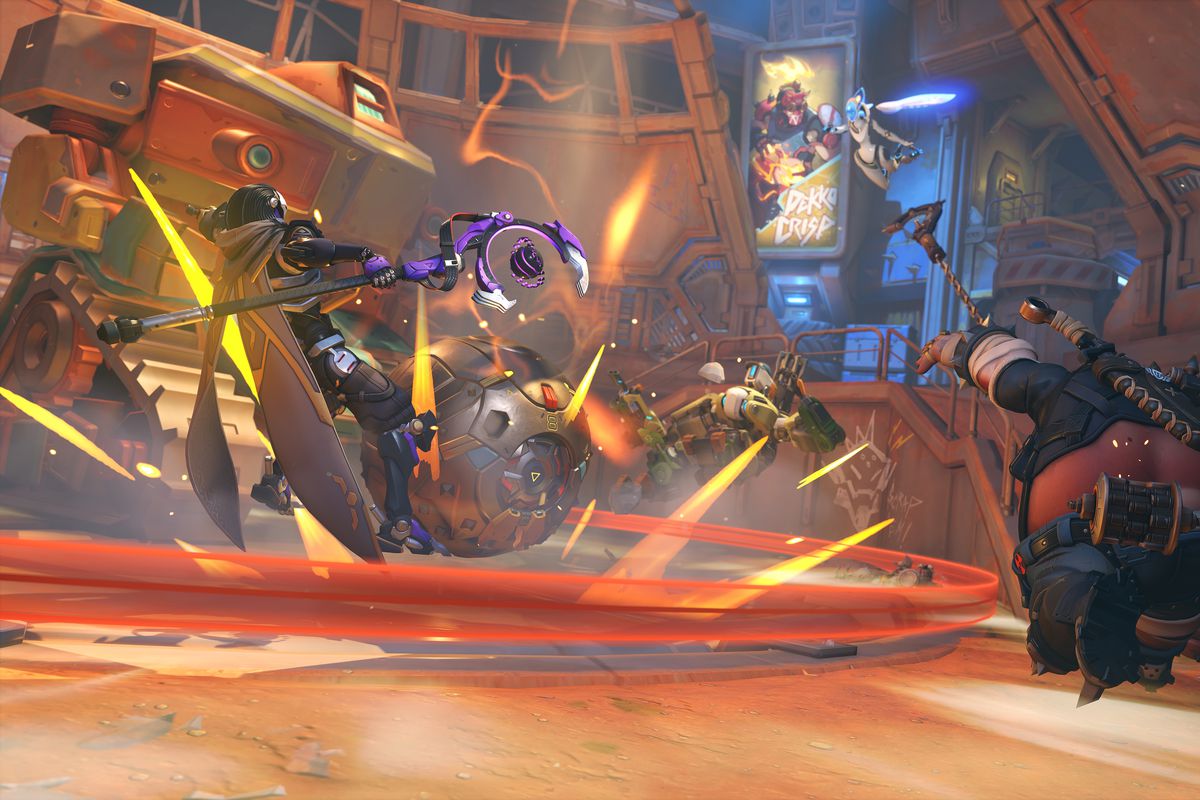 Rammatra, Wrecking Ball, Roadhog, Bastion, and Echo battle over the capture point in New Junk City in Overwatch 2’s Flashpoint game mode