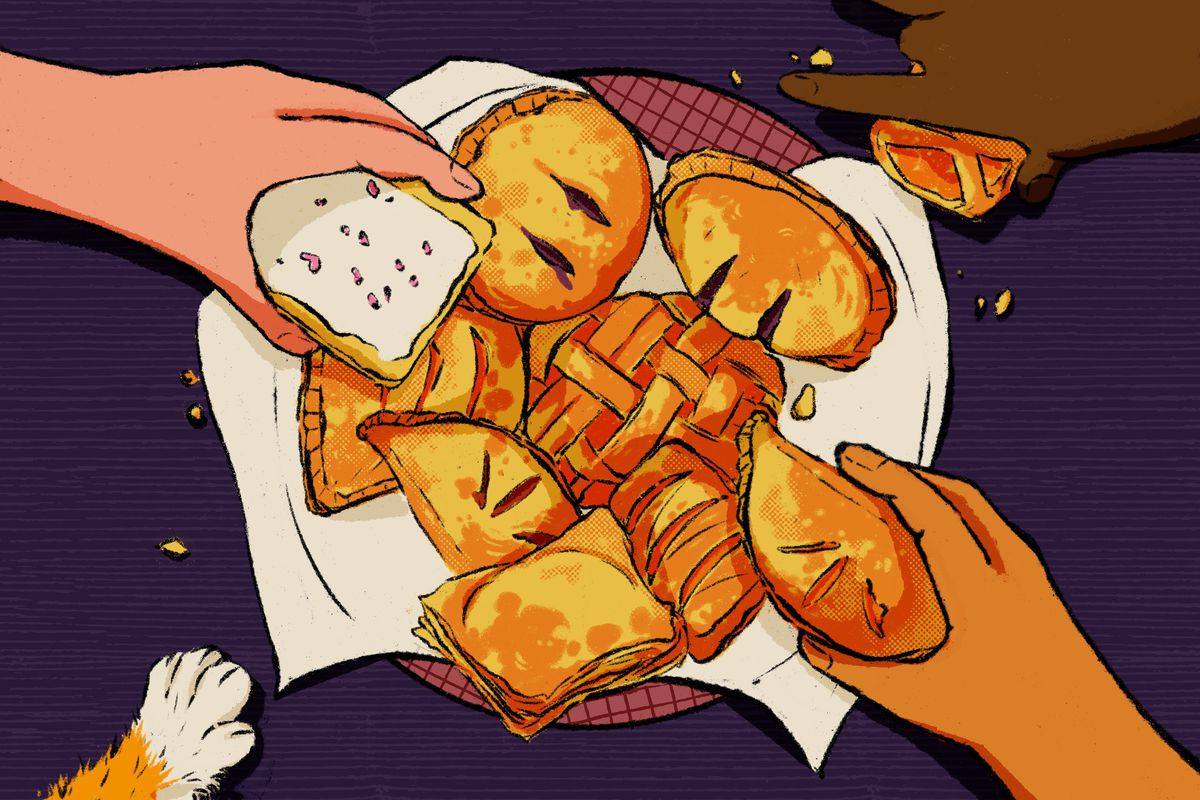 Three hands and one paw reach for a basket full of hand pies. Illustration.