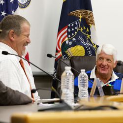 Jeff Hanke, a teacher and coach at Union High School, shares a laugh with Rep. Rob Bishop, R-Utah, during a field hearing on energy and education at the Roosevelt school on Wednesday, Aug. 29, 2018.